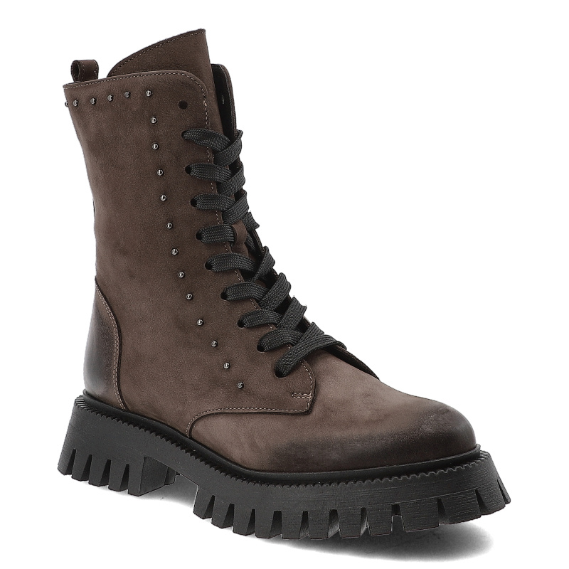 Botki damskie Karino, skórzane na płaskim obcasie z dżetami z okrągłym noskiem i na zamek, jasnobrązowe, 5637-015-F