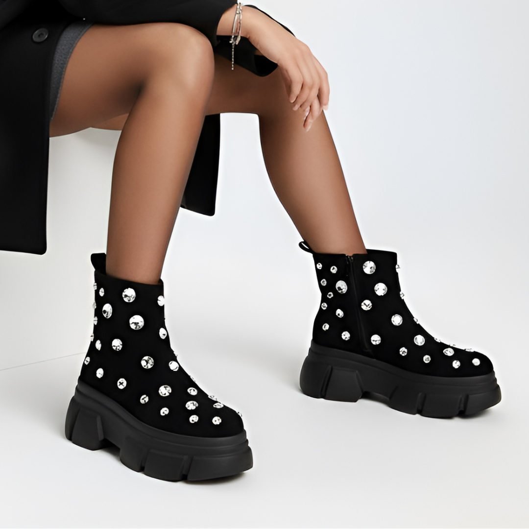 Botki damskie S. Barski, na masywnej platformie na zamek i zdobione cyrkoniami, czarne, MR52-205