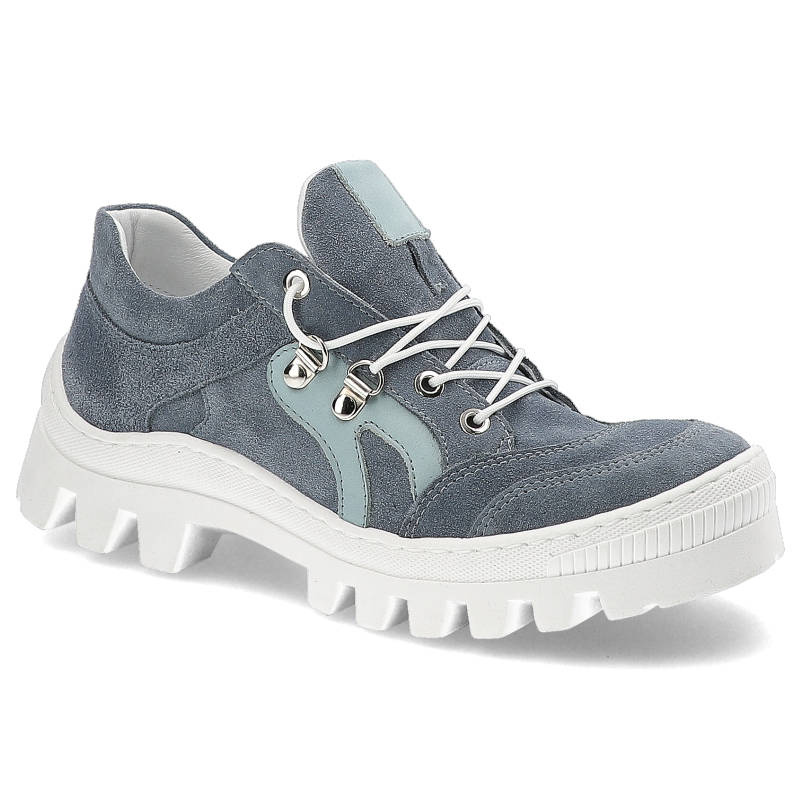 Półbuty damskie Kampa, zamszowa cholewka o miękkiej strukturze sportowe sznurowanie z metalowymi oczkami, niebieskie, N544