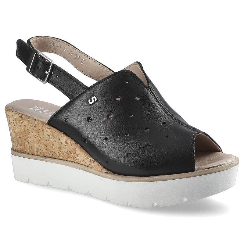 Sandały damskie Simen, na wysokim koturnie ze skórzaną wkładką, czarne, 00477-Sandro-04