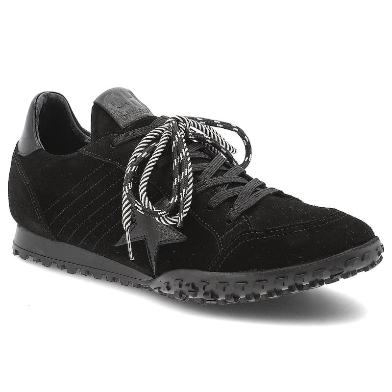 Sneakersy damskie Chebello, skórzane na płaskiej podeszwie z okrągłym noskiem i sznurowane, czarne, 4862