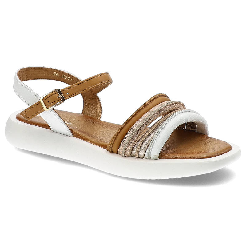 Sandały damskie Maciejka, ze skóry naturalnej licowej z wieloma cienkimi paskami na przodzie regulowanym zapięciem na sprzączkę i lekką platformą, bi