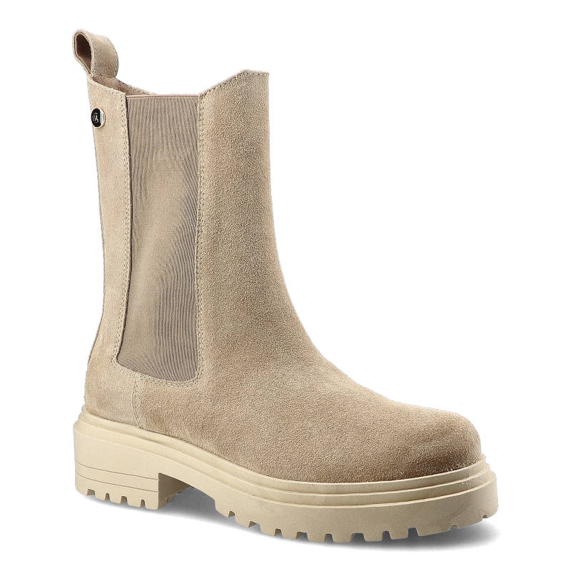 Botki damskie Carinii, z zamszową cholewką elastycznymi wstawkami ułatwiającymi zakładanie i masywną podeszw, beżowe, B5952-N_-O17-000-000-E23