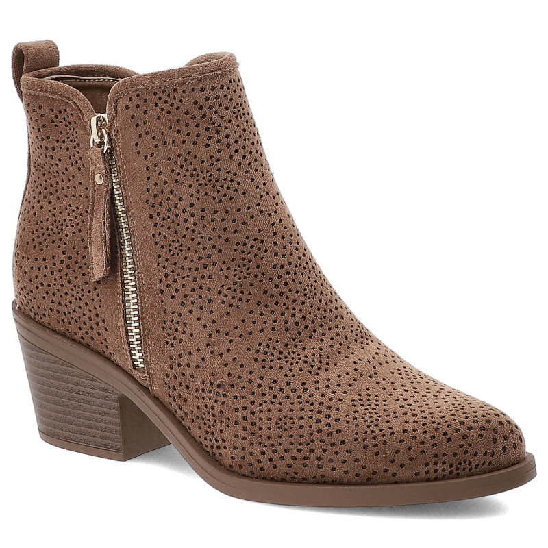 Botki damskie S. Barski, na klocku z ażurową cholewką i noskiem w szpic, coffee, HY52-538