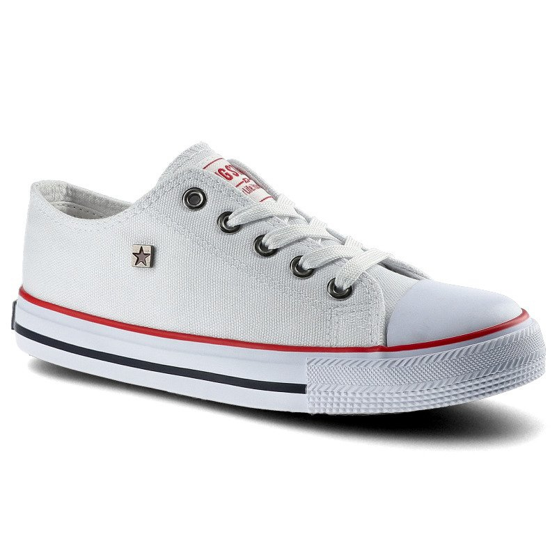 Trampki damskie Big Star, wykonane z materiału tekstylnego typu canvas z klasycznym sznurowaniem gumowym noskiem oraz płaską podeszwą, białe, FF37420