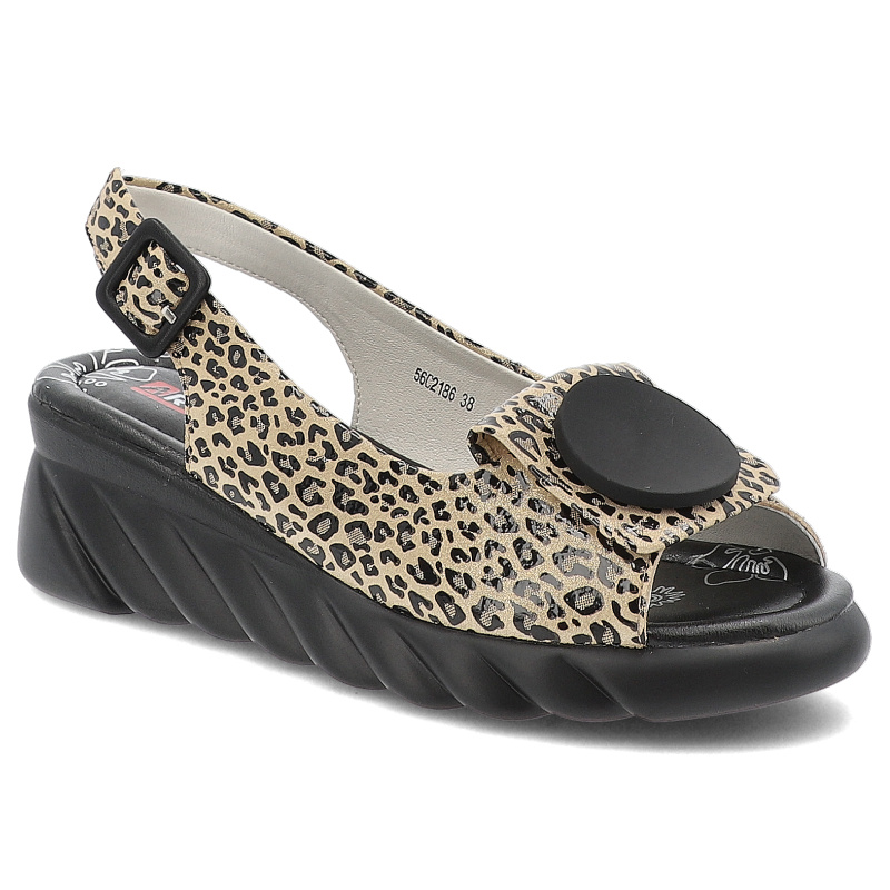 Sandały damskie Artiker, skórzane w panterkę na obcasie z ozdobą i ze sprzączką, brązowe, 56C2186