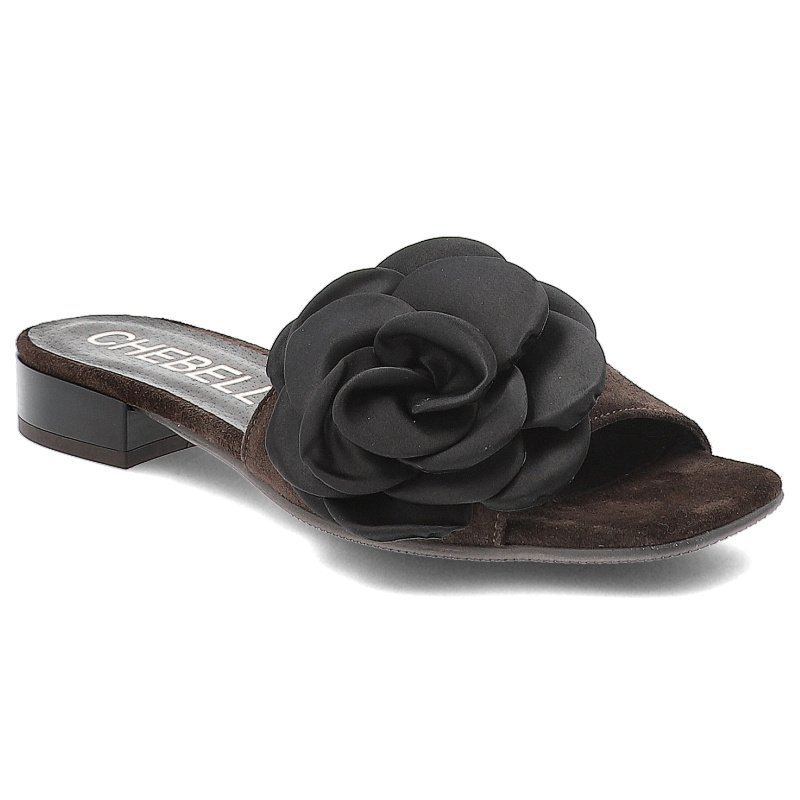 Klapki damskie Chebello, skórzane z eleganckim kwiatem na płaskim obcasie, brązowe, 4673-080