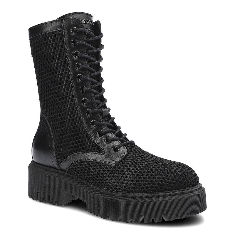 Botki damskie Chebello, naturalna skóra licowa w połączeniu z perforowanym materiałem z wysoką sznurowaną cholewką oraz masywną podeszwą z głębokim b
