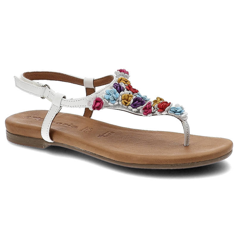 Sandały damskie Tamaris, z naturalnej skóry z kontrastowymi detalami zapięcie na sprzączkę oraz płaska podeszwa, białe, 1-28121-20-197