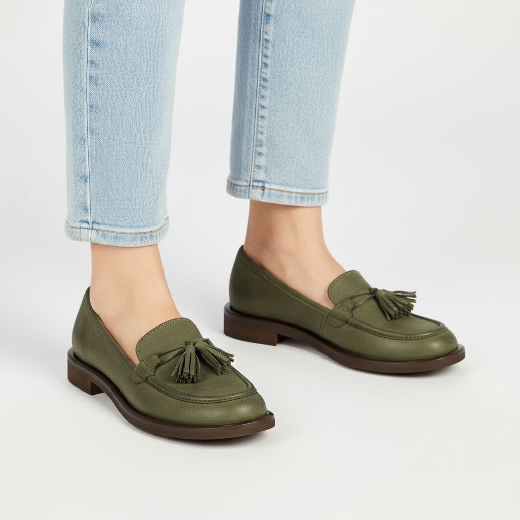 Mokasyny damskie Armodo, cholewka ze skóry naturalnej o gładkim wykończeniu z dekoracyjnymi frędzlami na podbiciu, zielone, 1726