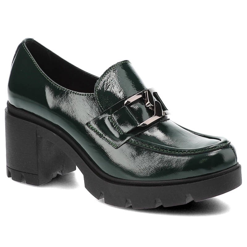 Półbuty damskie Lemar, lakierowana skóra naturalna masywna podeszwa z wyraźnym bieżnikiem ozdobny metalowy element, oliwkowe, 20097-Naplak