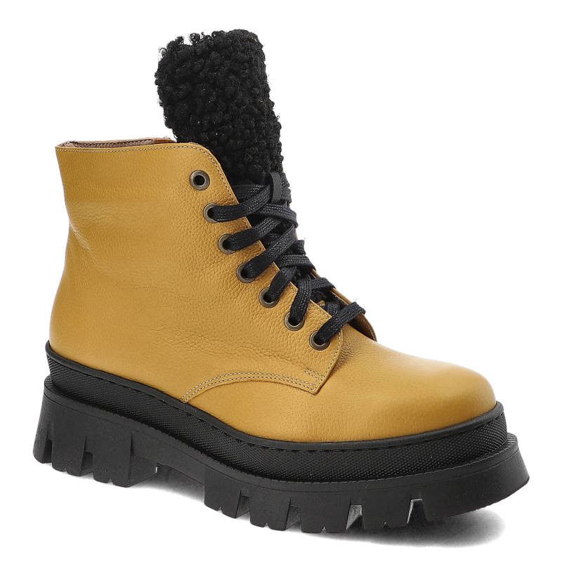 Botki damskie Blu, z naturalnej skóry licowej na masywnej traktorowej podeszwie z miękkim futrzanym językiem, żółte, 99-13 G Bocle