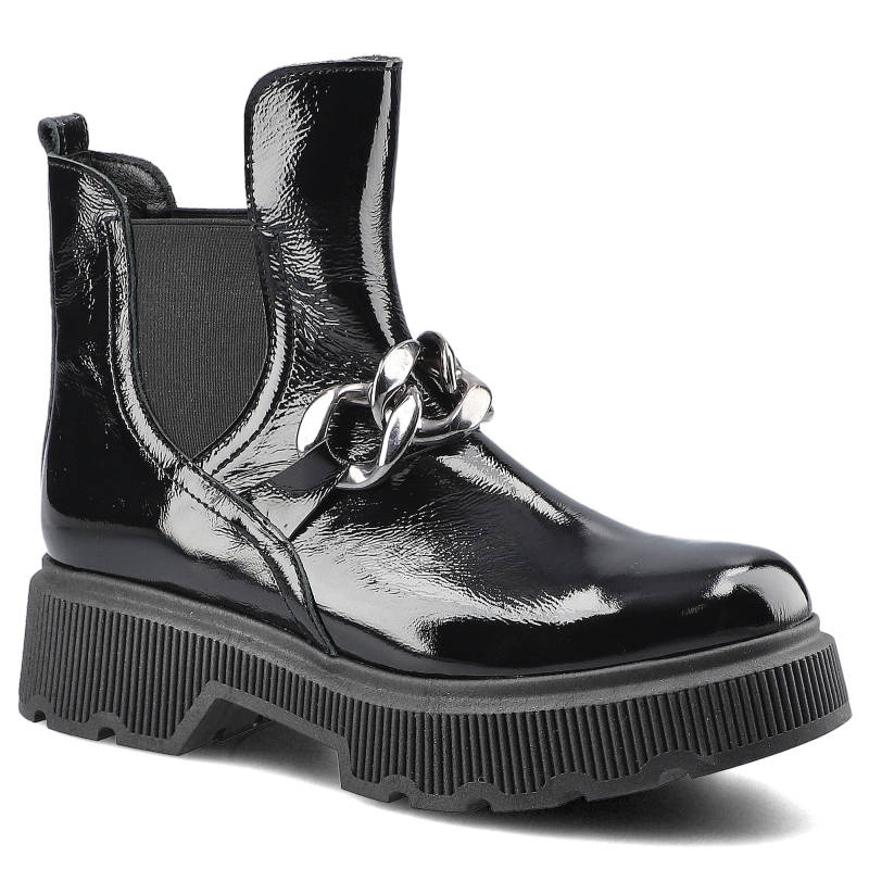 Botki damskie Lemar, naturalna skóra licowa o lakierowanym wykończeniu z elastyczną wstawką po boku ozdobnym metalowym łańcuchem na podbiciu oraz mas