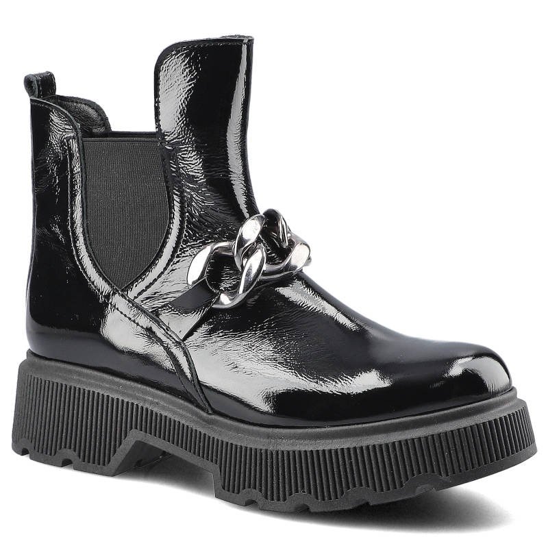 Botki damskie Lemar, naturalna skóra licowa o lakierowanym wykończeniu z elastyczną wstawką po boku ozdobnym metalowym łańcuchem na podbiciu oraz mas