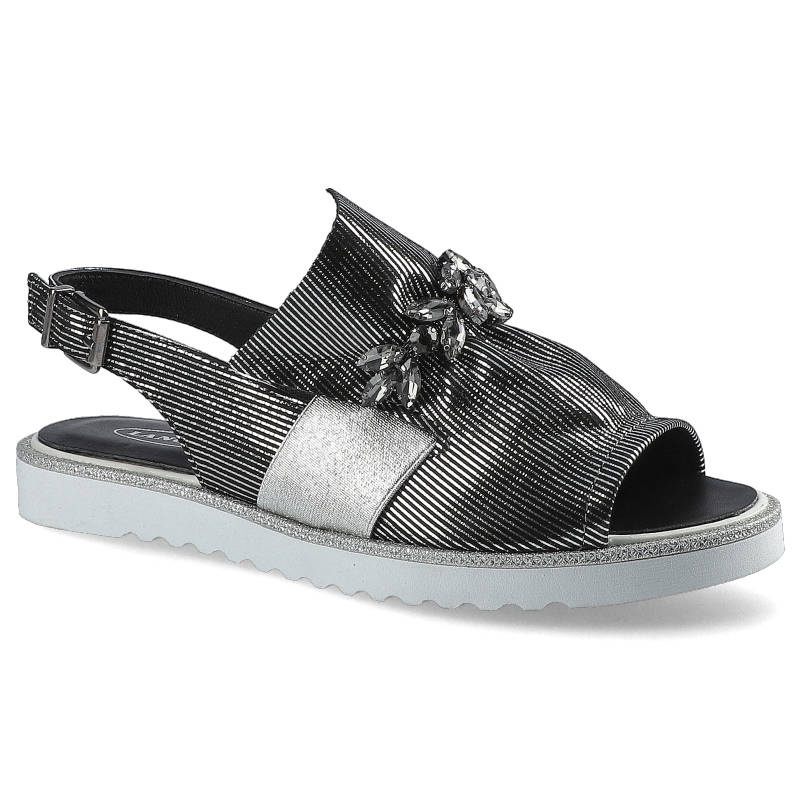 Sandały damskie Lanqier, materiał z metaliczną strukturą w połączeniu z naturalną skórą licową z regulowanym paskiem na sprzączce dekoracyjną aplikac