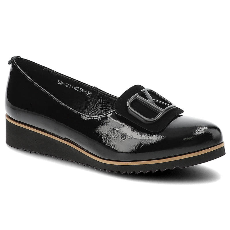 Półbuty damskie Karino, lakierowana cholewka o gładkim wykończeniu dekoracyjna klamra na podbiciu niska platforma, czarne, 4259-090-P