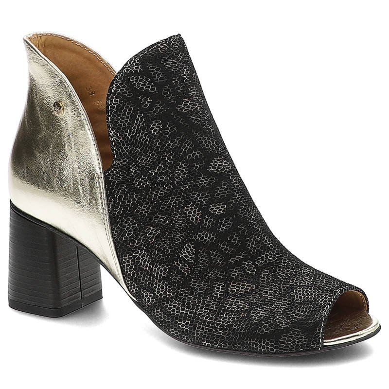 Botki damskie Maciejka, naturalna skóra z ozdobną fakturą kontrastowe wstawki na cholewce stabilny obcas, czarny/złoty, 05507-01-00-5