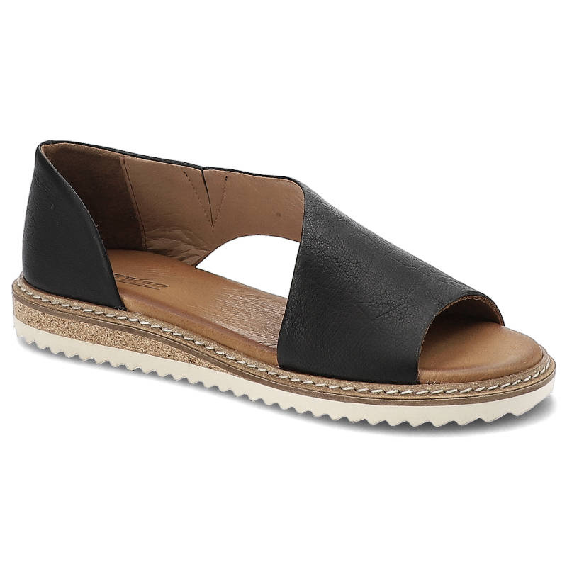 Sandały damskie Artiker, wykonane ze skóry naturalnej licowej z odkrytym przodem szerokimi paskami po bokach i przeszyciem wokół podeszwy, czarne, 46