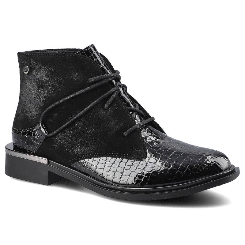 Trzewiki damskie Maciejka, ze skóry naturalnej z łączoną cholewką o tłoczonej fakturze oraz stabilnym obcasem, czarne, 04813-01-00-7