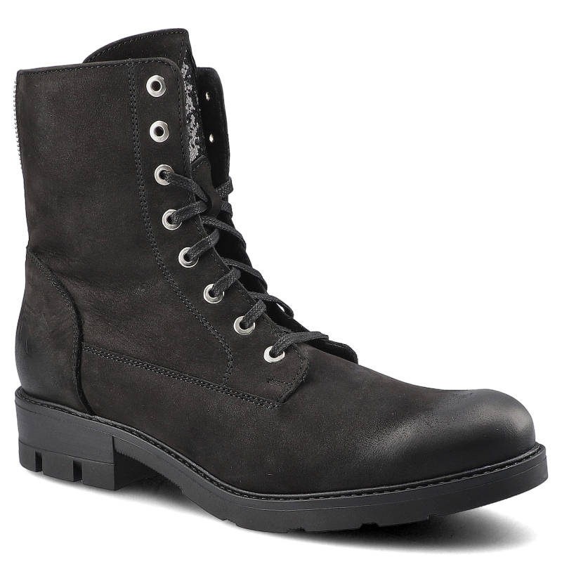 Botki damskie Karino, wysoki przecierany nubuk sznurowany i zapinany z boku i na płaskiej podeszwie, czarne, 1804-003-F