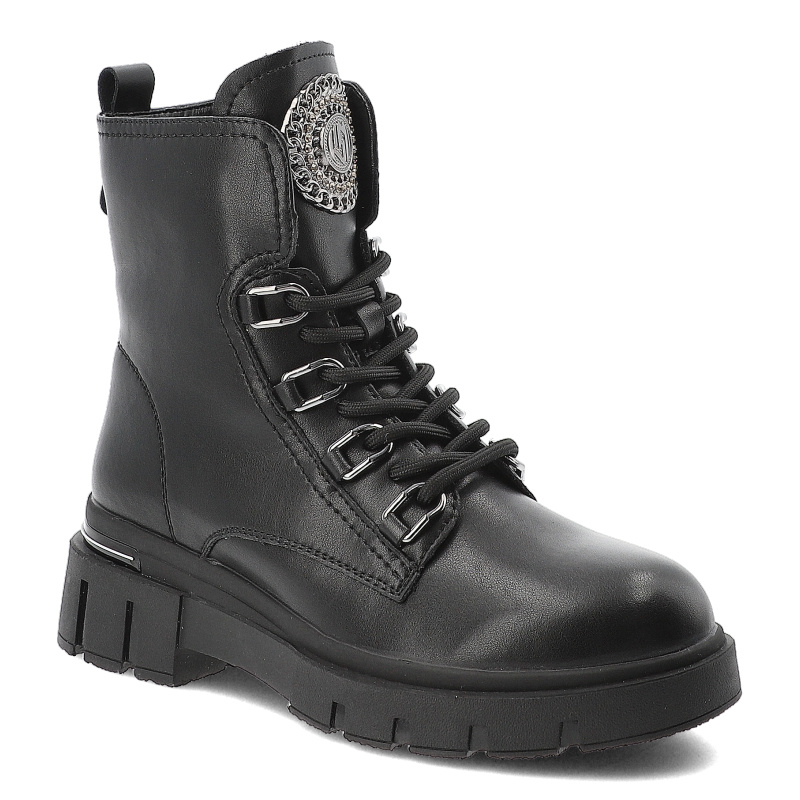 Botki damskie Filippo, licowe skórzane ocieplane futerkiem i na płaskim obcasie, czarne, DBT6521-25-BK