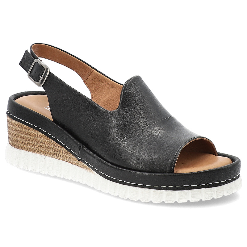 Sandały damskie Artiker, ze skóry naturalnej na koturnie na sprzączkę lekkie i wygodne, czarne, 56C0923