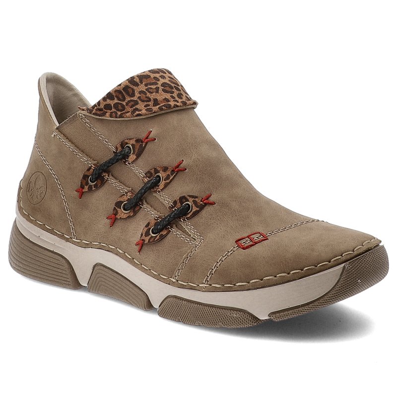 Botki damskie Rieker, antistress na płaskiej podeszwie w panterkę zapinane na suwak i ocieplane, beżowe, 45983-64