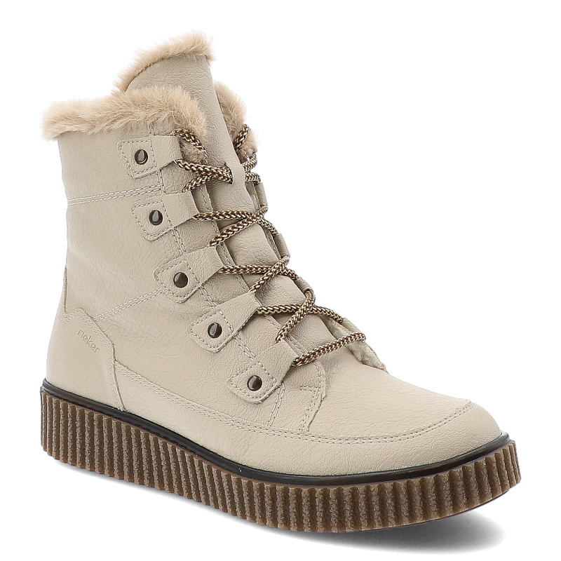 Botki damskie Rieker, antistress z płaską podeszwą i ocieplanym futerkiem, beżowe, Y4305-60