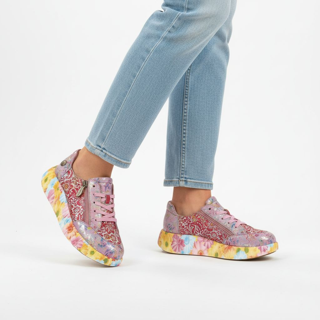 Sneakersy damskie Laura Vita, podwyższona podeszwa z wielokolorowym wzorem na obwodzie oraz perforowane panele na cholewce, różowe, 57 SL26803-57B