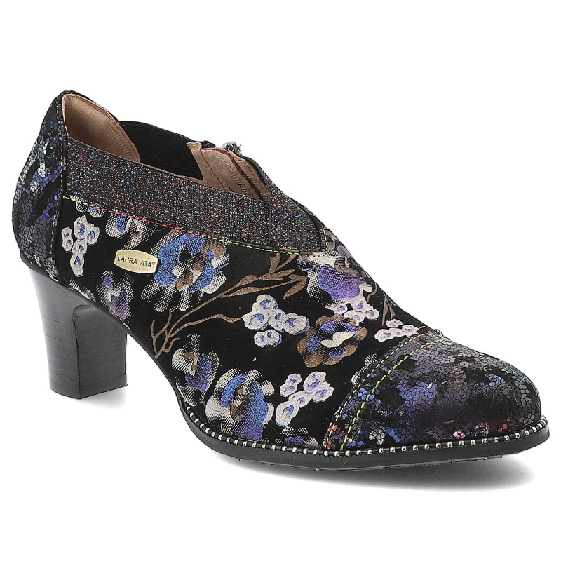 Półbuty damskie Laura Vita, skórzane na obcasie na zamek z gumką w podbiciu w kwiaty, bleu, Elcodieo-42-SL16021-2W