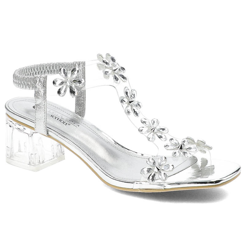 Sandały damskie Scaviola, transparentna cholewka z kwiatowymi aplikacjami elastyczny pasek przy kostce oraz stabilny obcas, silver, H-12