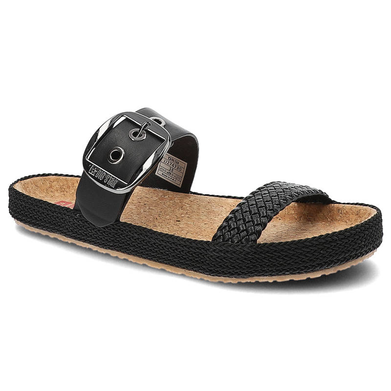 Klapki damskie Big Star, materiał syntetyczny z regulowanym paskiem zapinanym na klamrę profilowaną wkładką, czarne, JJ274730