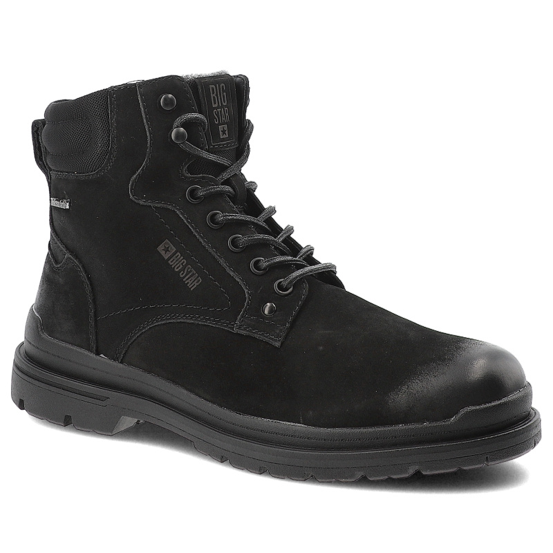 Botki męskie Big Star, za kostkę ocieplane na grubej podeszwie na zamek i sznurowane, czarne, OO174171