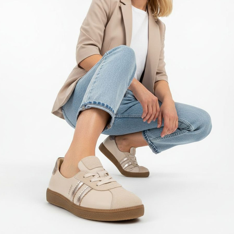 Trampki damskie Armodo, z łączonych materiałów ze skórą naturalną i zamszowymi wstawkami na cholewce sznurowana konstrukcja z metalicznymi paskami, b