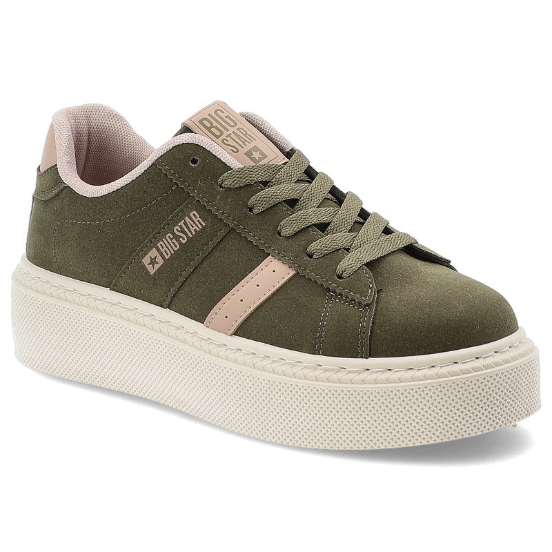 Sneakersy damskie Big Star, ze skóry ekologicznej na platformie z okrągłym noskiem sznurowane, khaki, SS274349
