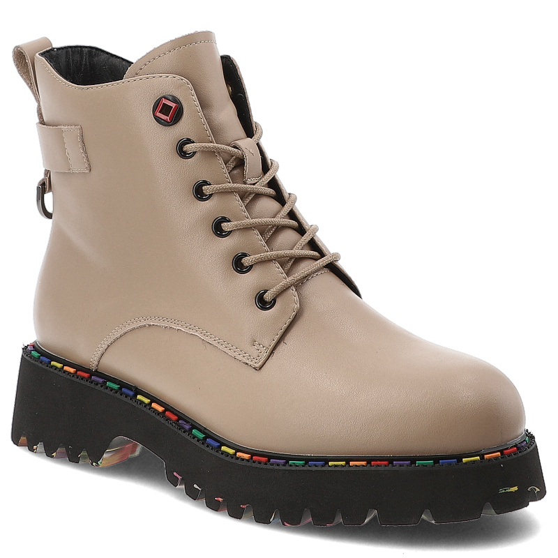 Trapery damskie Artiker, botki skórzane na płaskim obcasie za kostkę i zapinane na zamek, beżowe, 55C0506