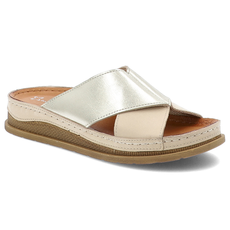 Klapki damskie Maciejka, na platformie skórzane eleganckie bardzo wygodne, beżowo-złote, L4986-37-00-0