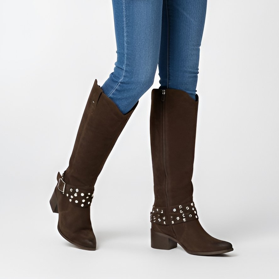 Kozaki damskie Karino, wysoka welurowa cholewka ze skóry i na stabilnym klocku, brązowe, 5784-05-F