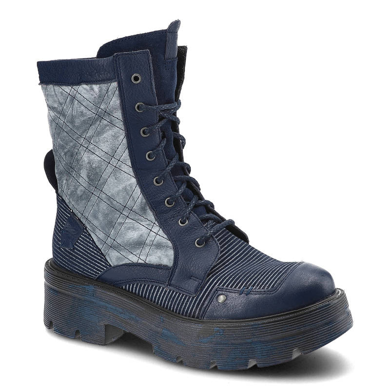 Trzewiki damskie Maciejka, wysoka cholewka łącząca skórę i materiał sznurowanie masywna podeszwa z wyraźnym bieżnikiem, granatowe, 05634-17-00-7