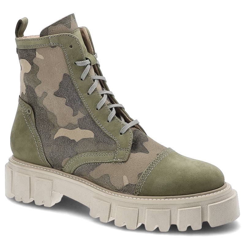 Botki damskie Simen, naturalna skóra zamszowa i materiał tekstylny z wysoką cholewką o militarnej stylistyce, moro/zielen bez, 5058A