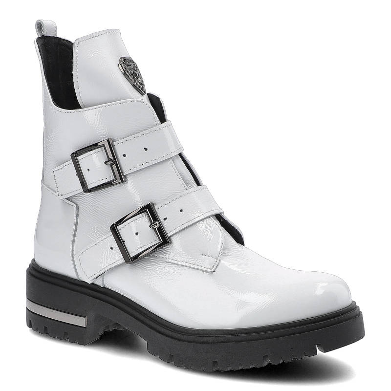 Botki damskie Lemar, naturalna skóra licowa lakierowana zapinane dwoma paskami z metalowymi sprzączkami, białe, 60310-Naplak