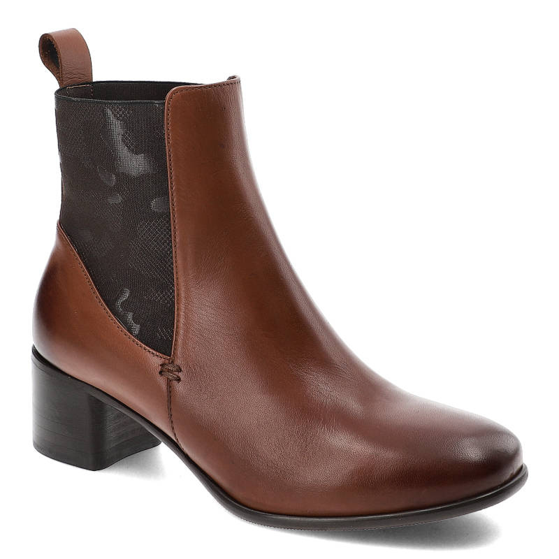 Botki damskie Szydłowski, skóra licowa przyciemniana na nosku bez zapięcia za to z miękkim gumowym otoczeniem kostki i na obcasie, brązowe, 1347-Braz