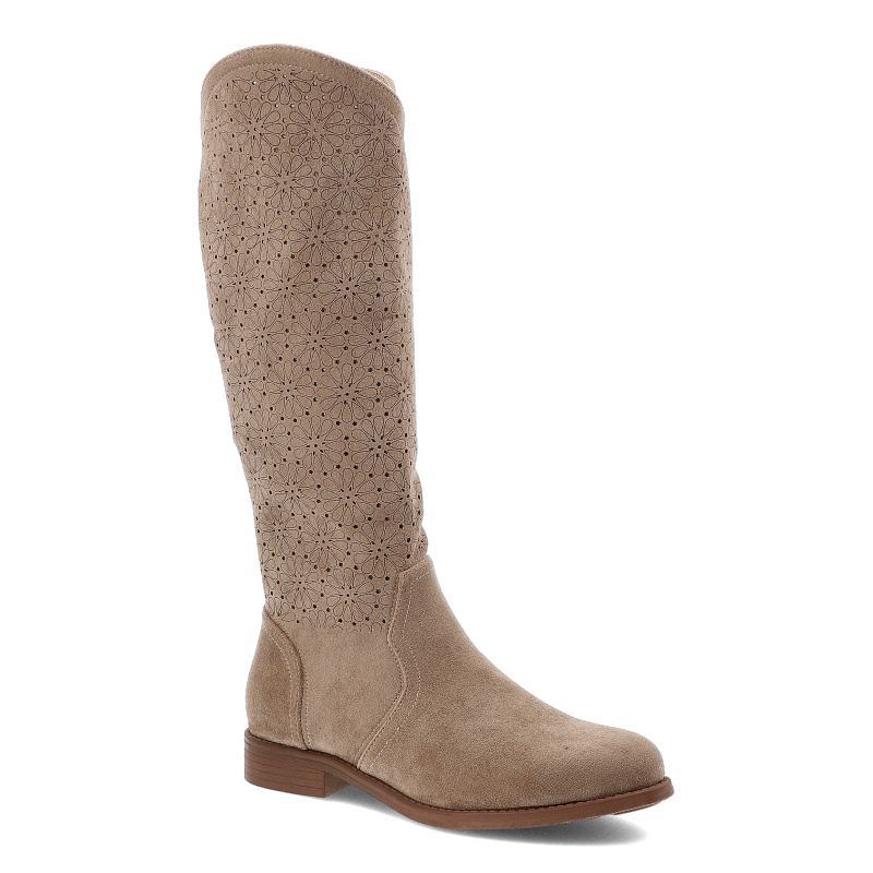 Kozaki damskie S. Barski, na płaskim obcasie ażurowa cholewka okrągły nosek i zapinane na zamek, beżowe, HY52-533