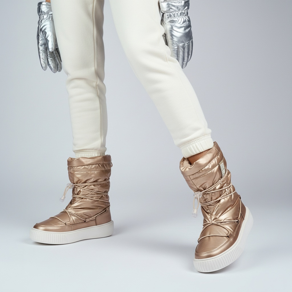 Śniegowce damskie Big Star, z połączenia materiału tekstylnego i syntetycznego z pikowaną metaliczną cholewką regulowanym sznurowaniem, beżowe, KK274