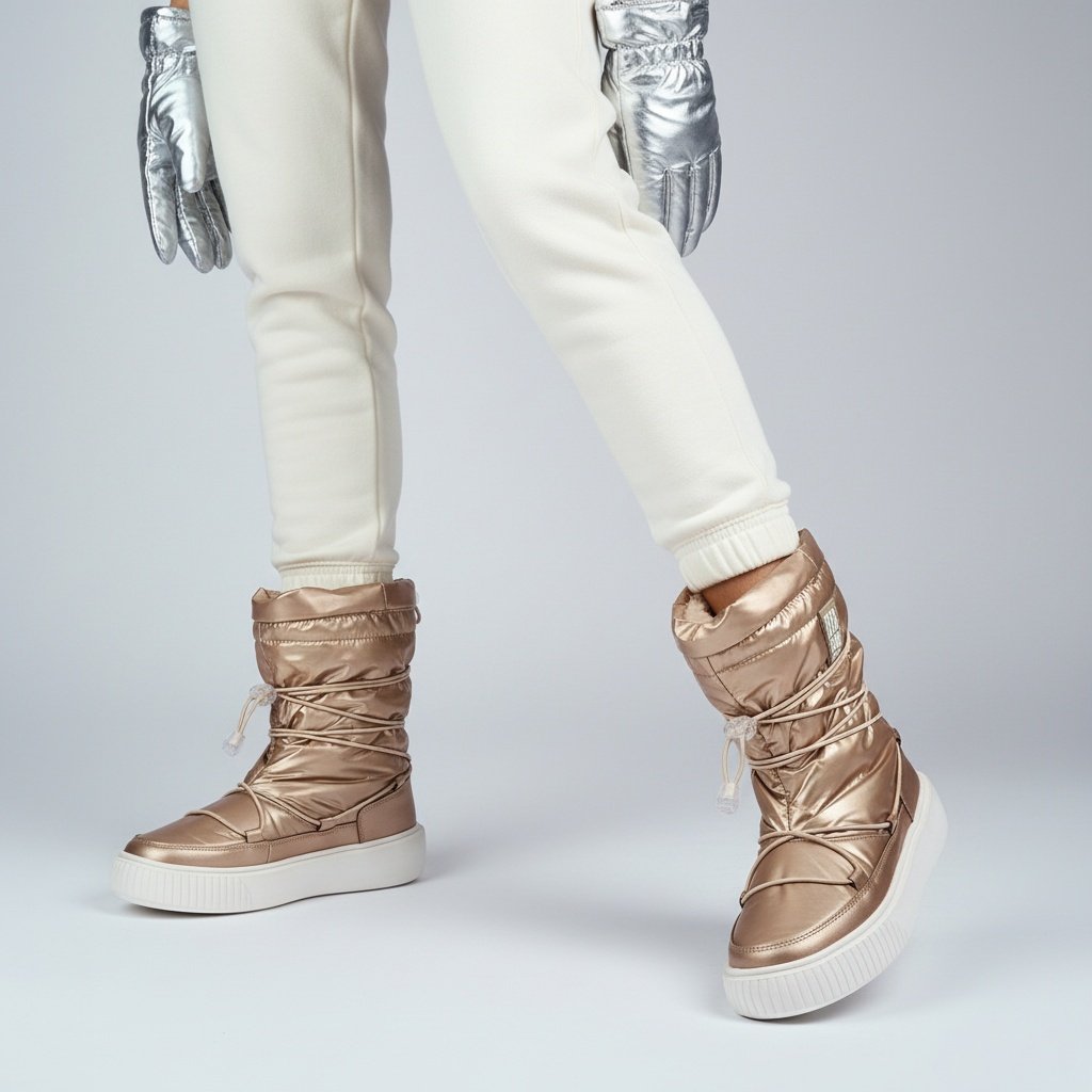 Śniegowce damskie Big Star, z połączenia materiału tekstylnego i syntetycznego z pikowaną metaliczną cholewką regulowanym sznurowaniem, beżowe, KK274
