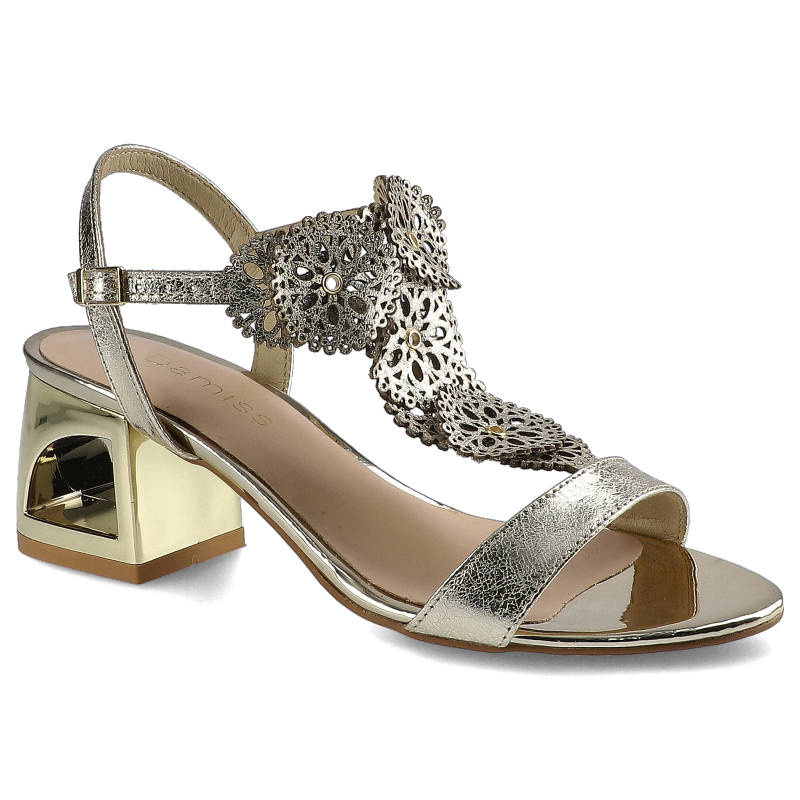 Sandaly damskie Damiss, sandały na obcasie regulowane zapięcie na pasek cholewka ze skóry naturalnej metalizowanej ażurowa ozdobna aplikacja stabilny