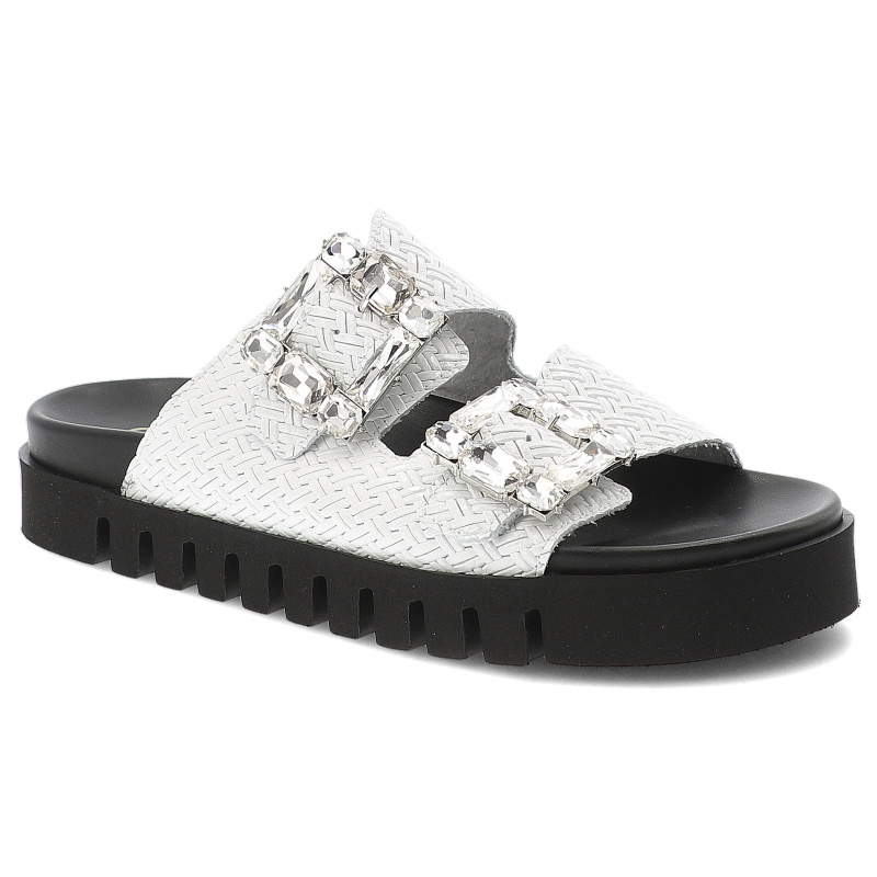 Klapki damskie Chebello, skórzane plecione z ozdobnymi klamrami na grubej podeszwie profilowane, białe, S390-4688