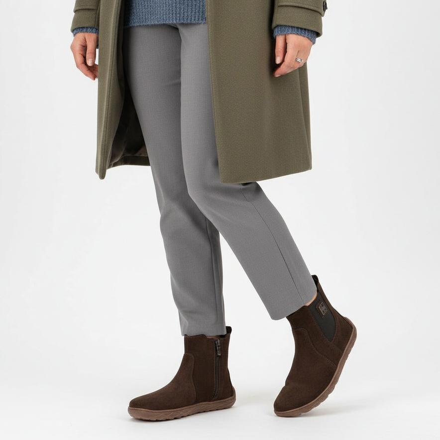 Botki damskie Barefoot Armodo, welurowa cholewka z gumką i na płaskiej podeszwie, czekolada-złoty, 30074-W