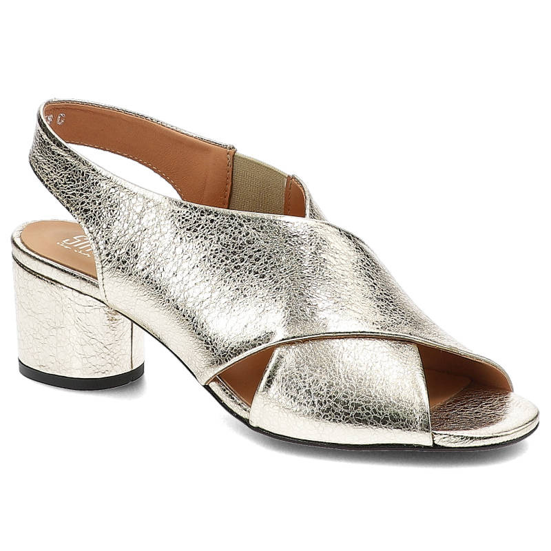 Sandały damskie Simen, ze skóry naturalnej licowej z metalicznym wykończeniem krzyżującymi się paskami z przodu elastyczną wstawką z tyłu i stabilnym