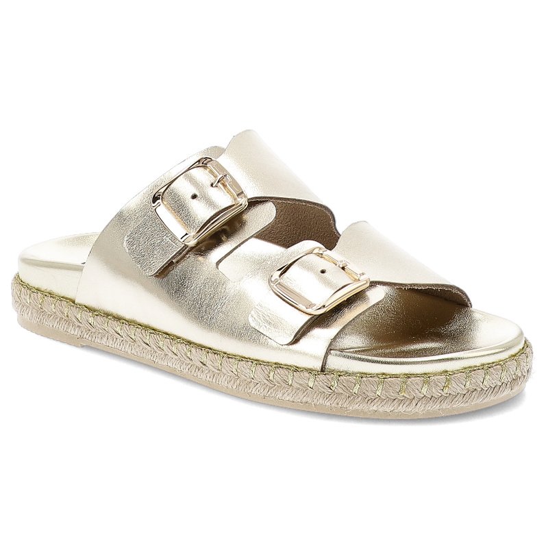 Klapki damskie Chebello, ze skóry naturalnej na platformie z klasycznymi klamrami, złote, S374-4650